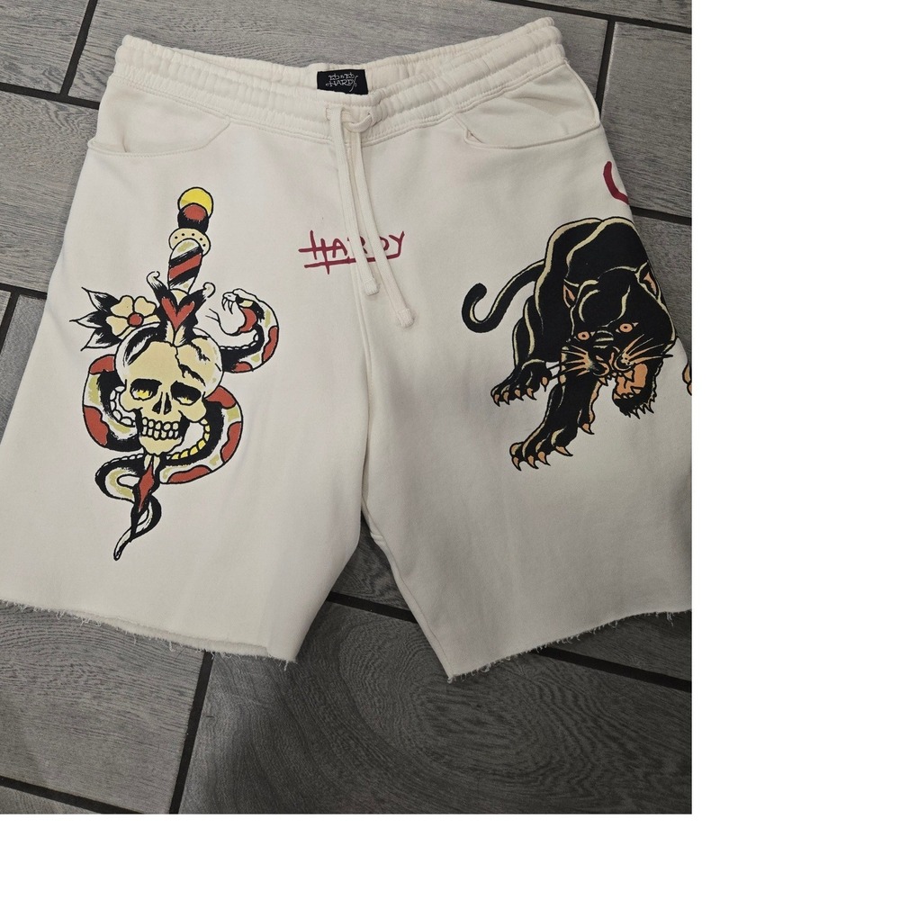 Ed Hardy Mens Cream Tattoo Graphic Sweat Shorts Skull Panther Raw Hem Size L